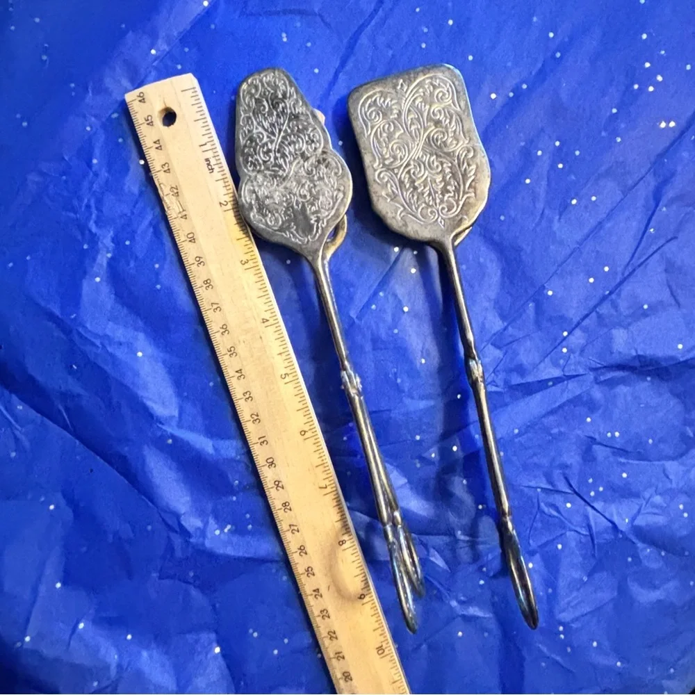 Vintage Engraved Sandwich Server, Silver Plate Serving Tongs Set of 2